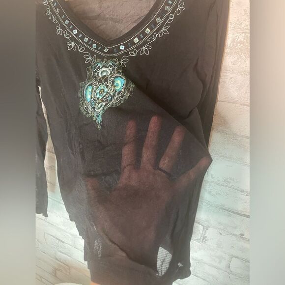 New York & Company Black Mesh Turquoise VTG Y2K Blouse - Picture 3 of 7